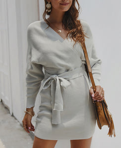 Knitted V-neck Wrap Dress With Waistband Long Sleeve Short Dress For Winter - AcornPick