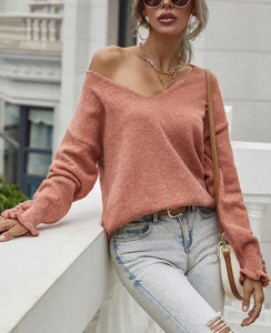 Solid Color V-Neck Women's Loose Knit Sweater With Buttoned Cuffs - AcornPick