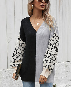 Loose V-Neck Women's Knitwear Patchwork Leopard Sleeve Sweater - AcornPick