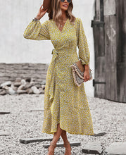 Load image into Gallery viewer, V-Neck Floral Long-Sleeved Dress With Waistband Women&#39;s Vacation Long Dress - AcornPick
