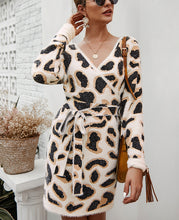 Load image into Gallery viewer, Knitted V-neck Wrap Dress With Waistband Long Sleeve Short Dress For Winter - AcornPick
