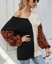 Load image into Gallery viewer, Loose V-Neck Women&#39;s Knitwear Patchwork Leopard Sleeve Sweater - AcornPick
